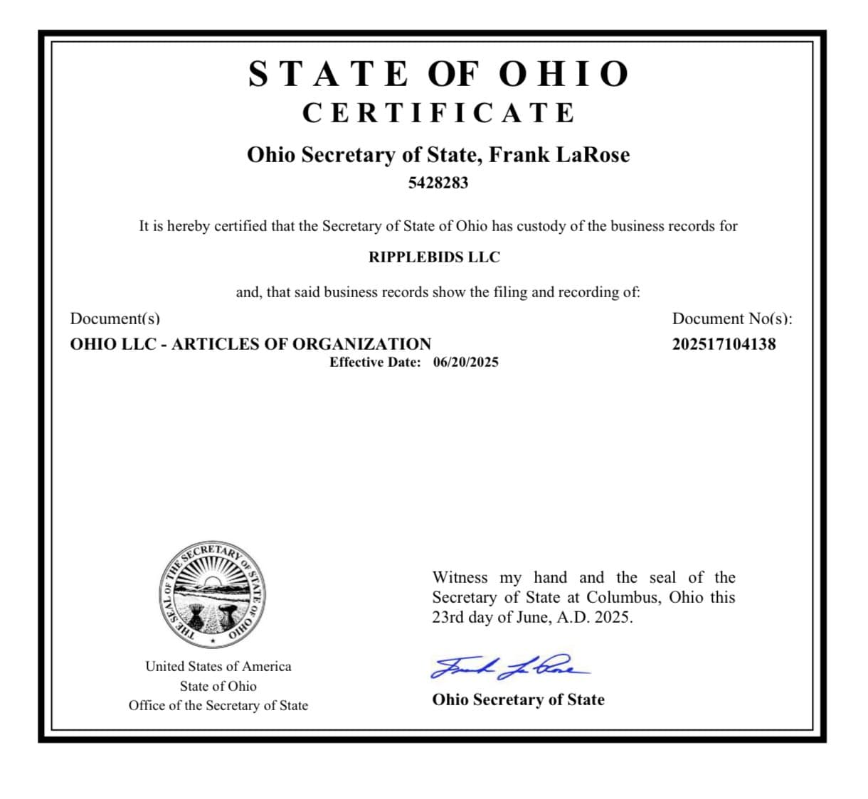 Ohio Certificate